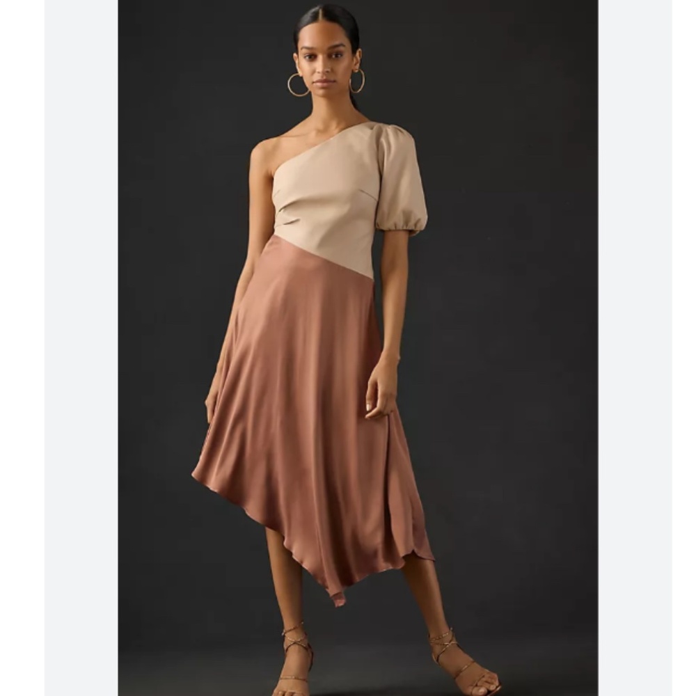 BY ANTHROPOLOGIE FAUX LEATHER ONE-SHOULDER ASYMMETRICAL MIDI DRESS